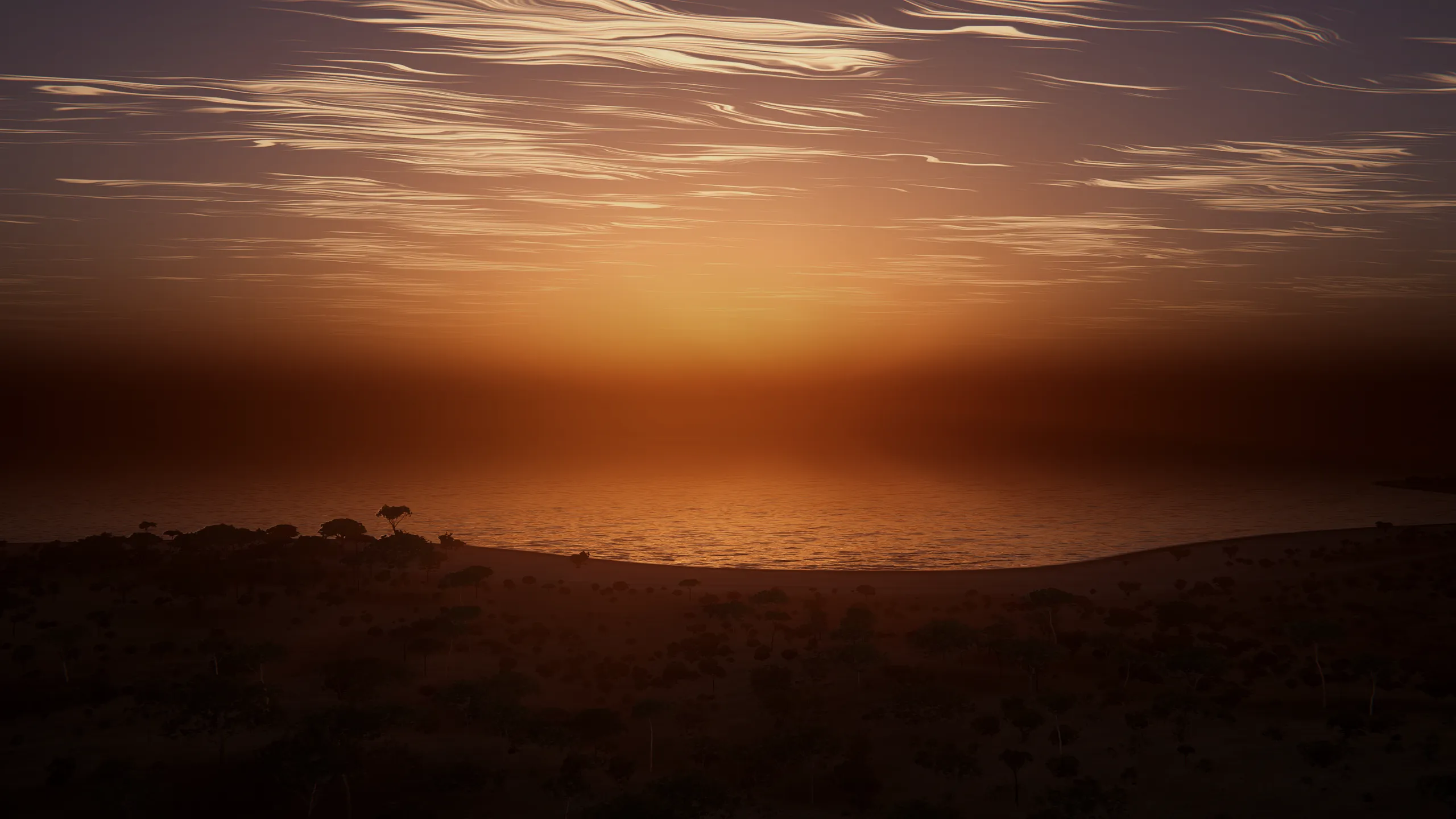 Before dawn on Valta's north-east shore: rays fan across the sky above a calm sea and a lone tree on the beach