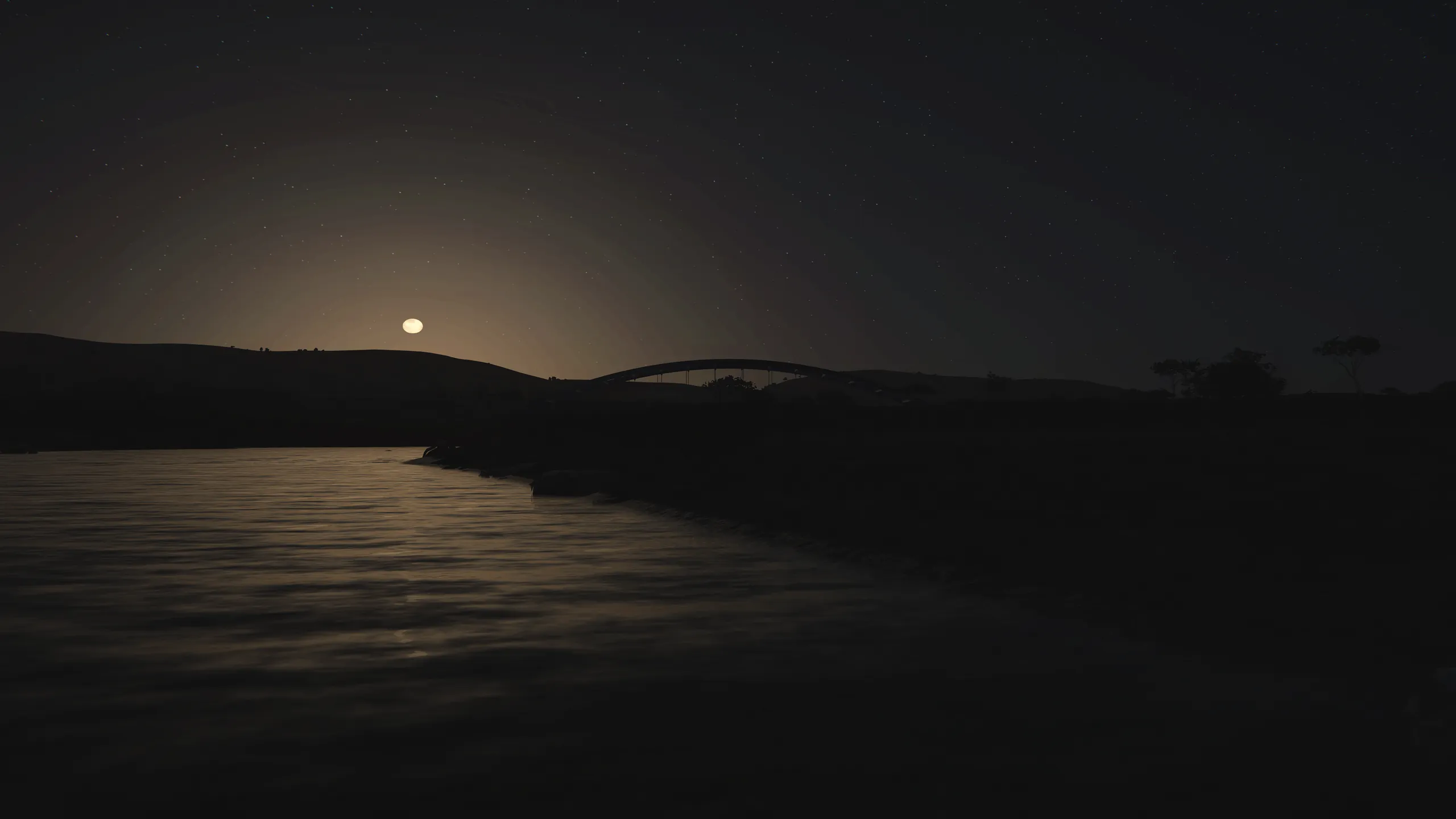 Night on a river on Valta: the moon low behind the silhouette of an arched bridge and a line of trees